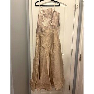 Daymor Couture Strapless Satin Beaded Long Gown Beige Lined Zip Size 10